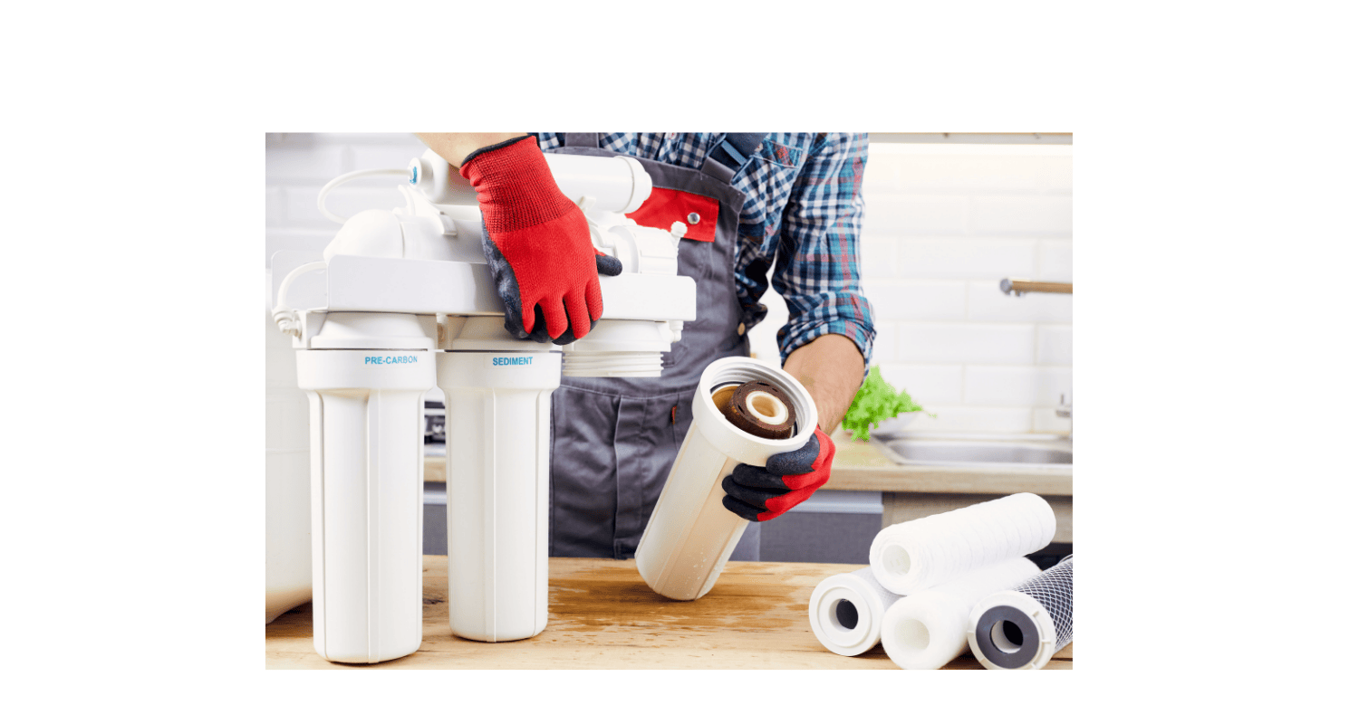 three water filters being changed