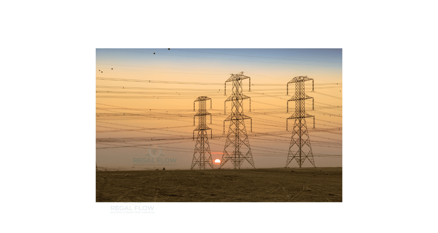 three pylons in front of a sunset