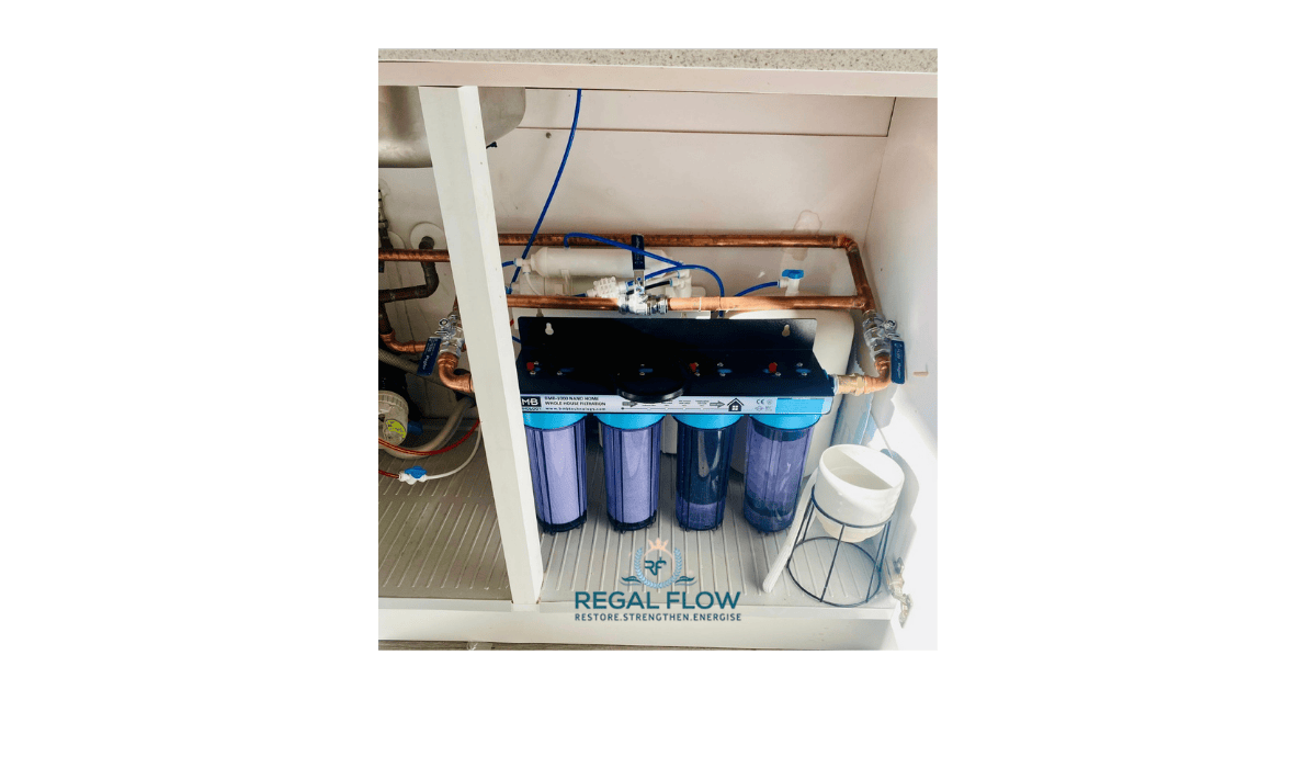 A whole house water filter installed under a sink