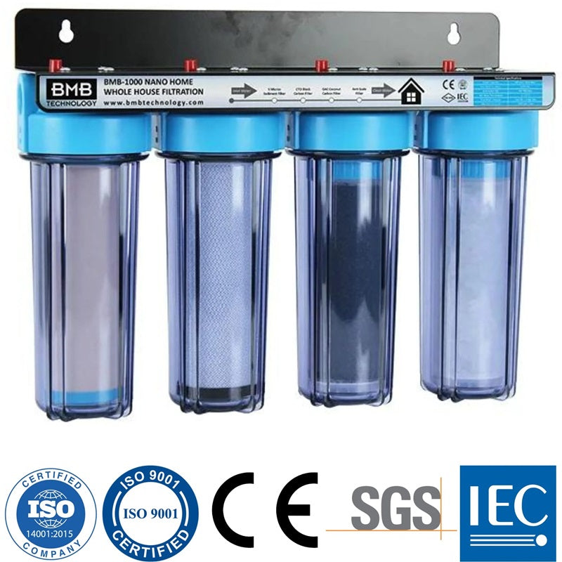 Whole house filter with accreditations at the bottom