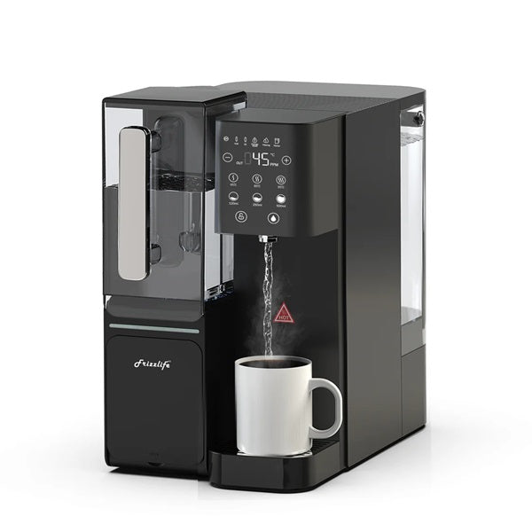 A Black Countertop water Dispenser pouring water into a cup