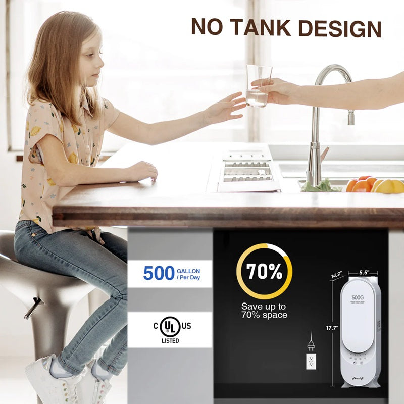 frizzlife under sink ro system with a girl having a glass of water