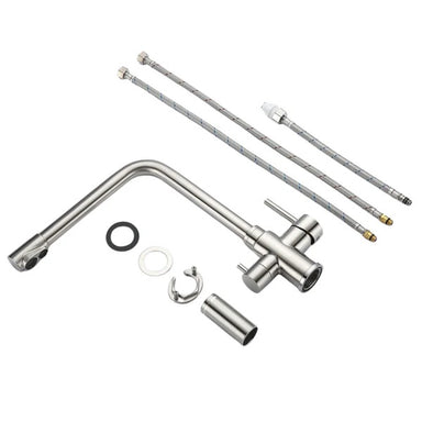 A brushed three way triflow filter tap lying down will the installation kit