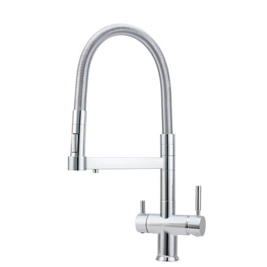 A chrome three way filter tap