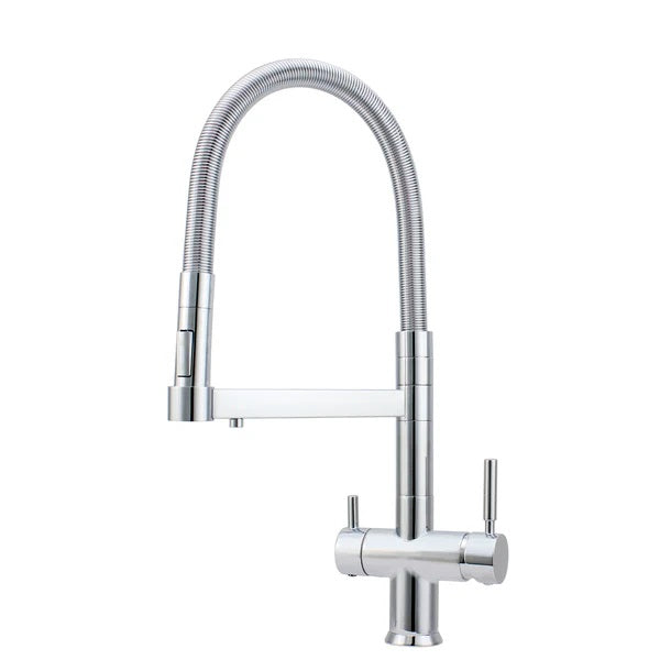 A chrome three way filter tap
