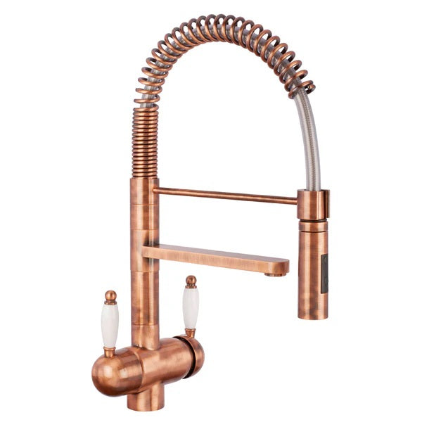 A Copper Pull Out Spray Hose 3 way triflow tap front view