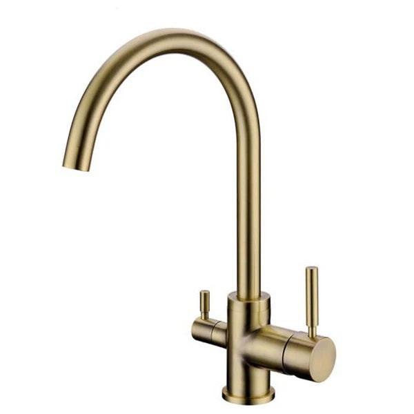 A brushed brass three way tri flow filter tap