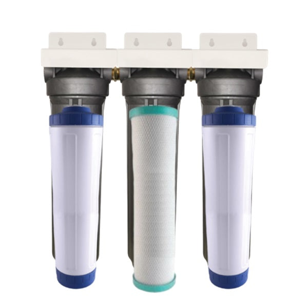a whole house water filtration system with three cartridges