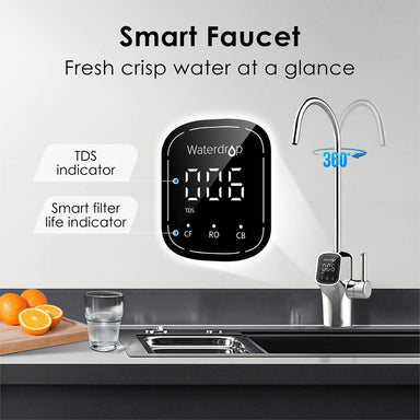 waterdrop g3p600 smart faucet with a glass of water and an orange