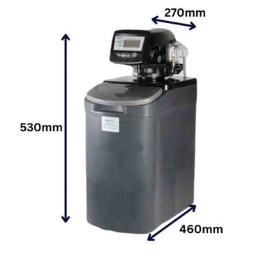 A black wrekin water softener with measurements