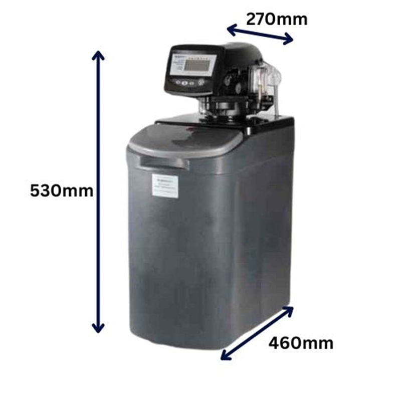A black wrekin water softener with measurements