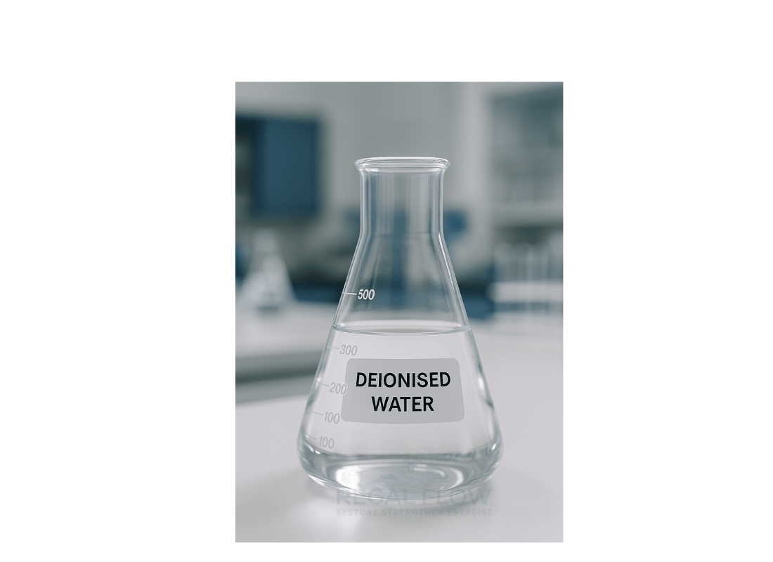 glass jar with water in and a label on it saying Deionised water