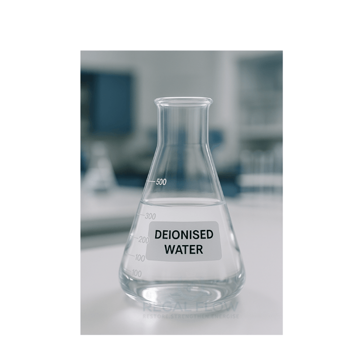 glass jar with water in and a label on it saying Deionised water