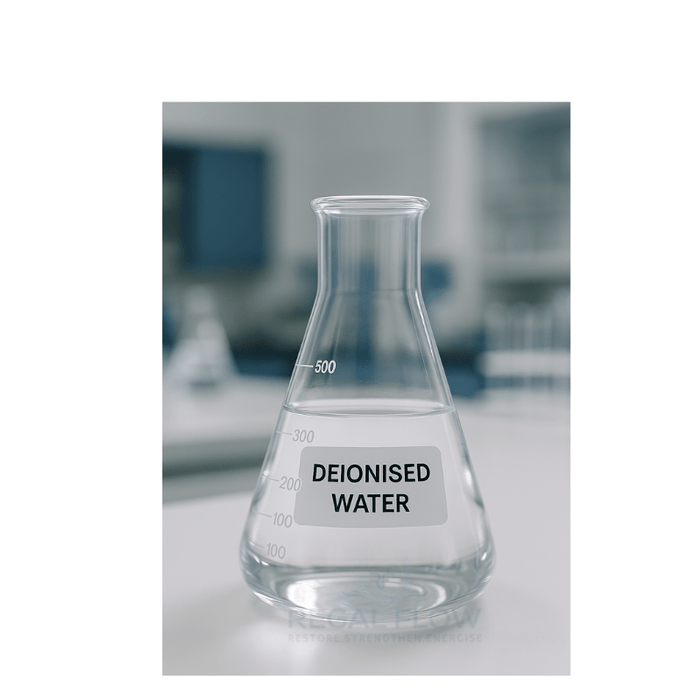 glass jar with water in and a label on it saying Deionised water