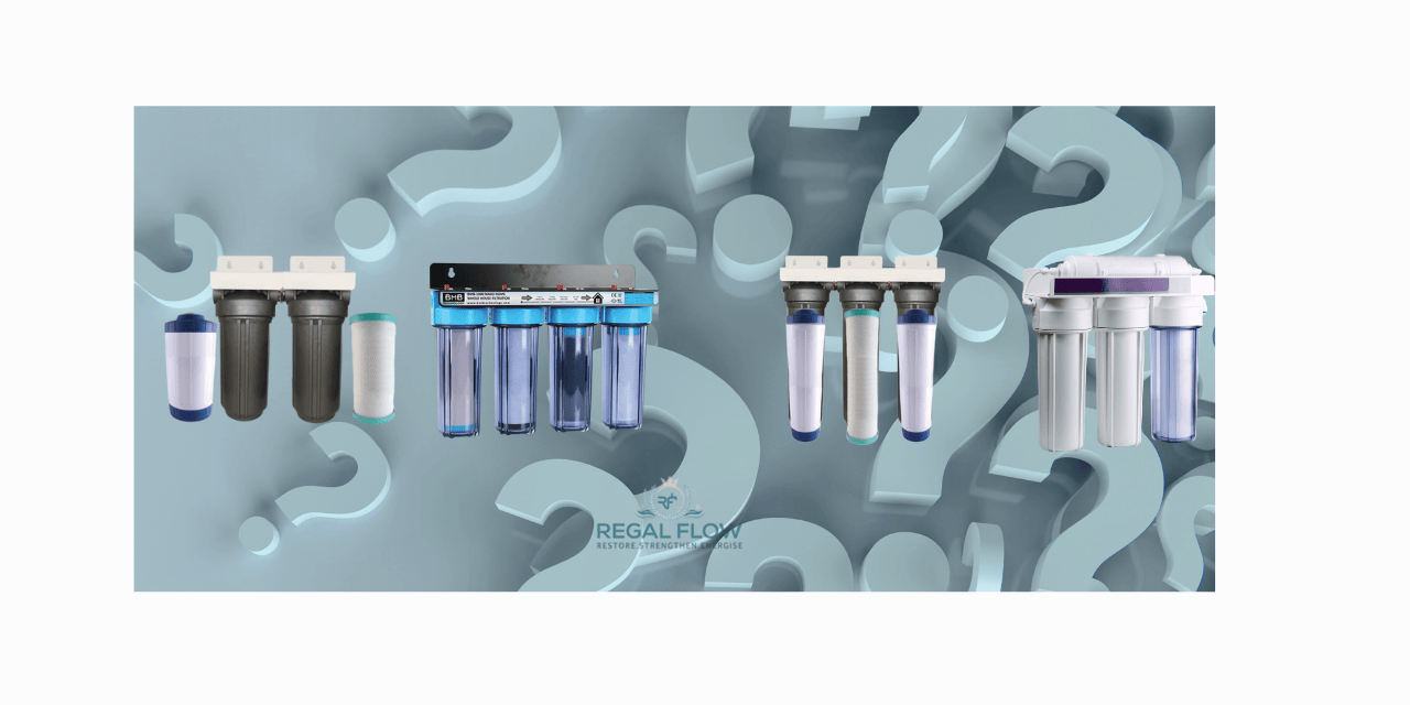 four whole house water filters with question marks and regal flow logo