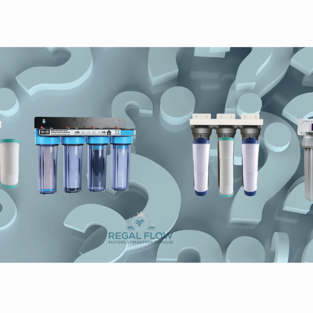 four whole house water filters with question marks and regal flow logo
