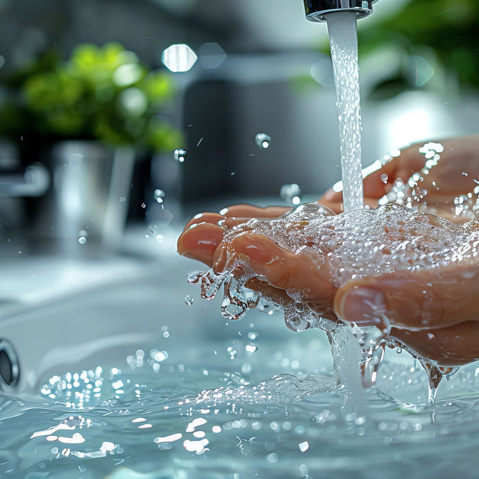 Hands under softened water from a tap