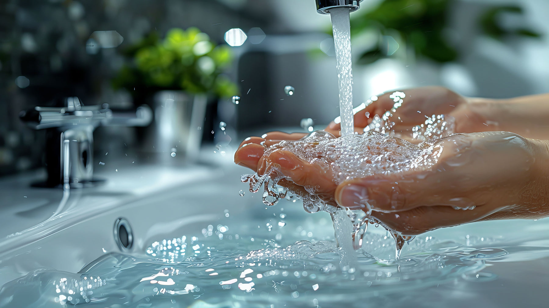 Hands under softened water from a tap