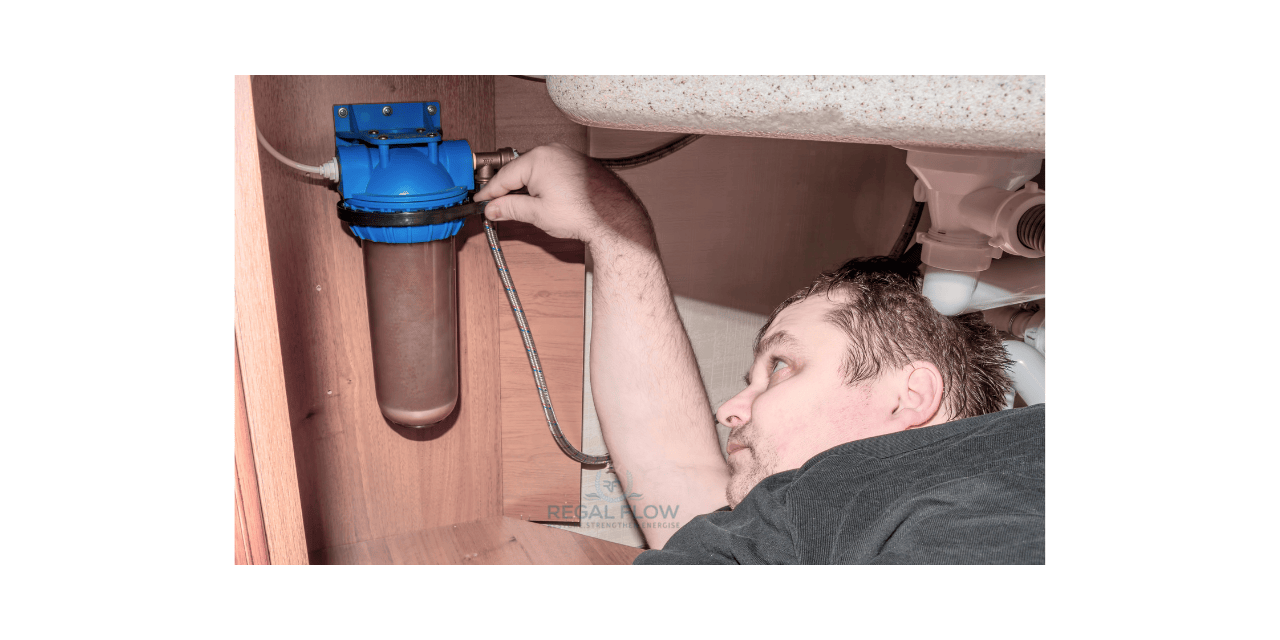 a man unscrewing a water filter with regal flow logo