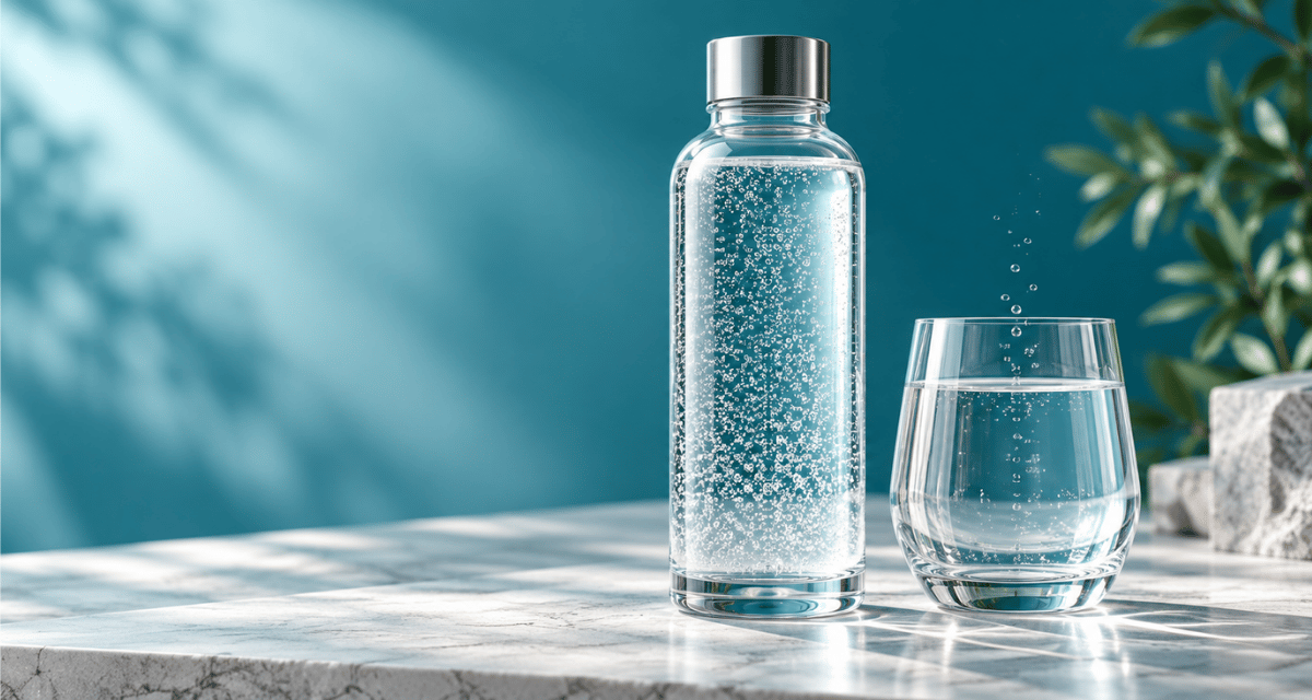 a glass bottle with a glass next to it, both have hydrogen bubbles in on a countertop surface. there is a green plant in the background on the right