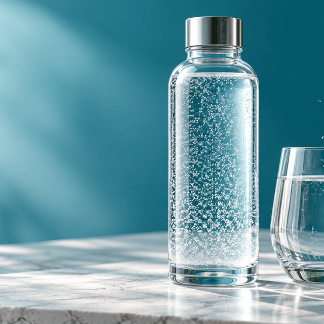 a glass bottle with a glass next to it, both have hydrogen bubbles in on a countertop surface. there is a green plant in the background on the right