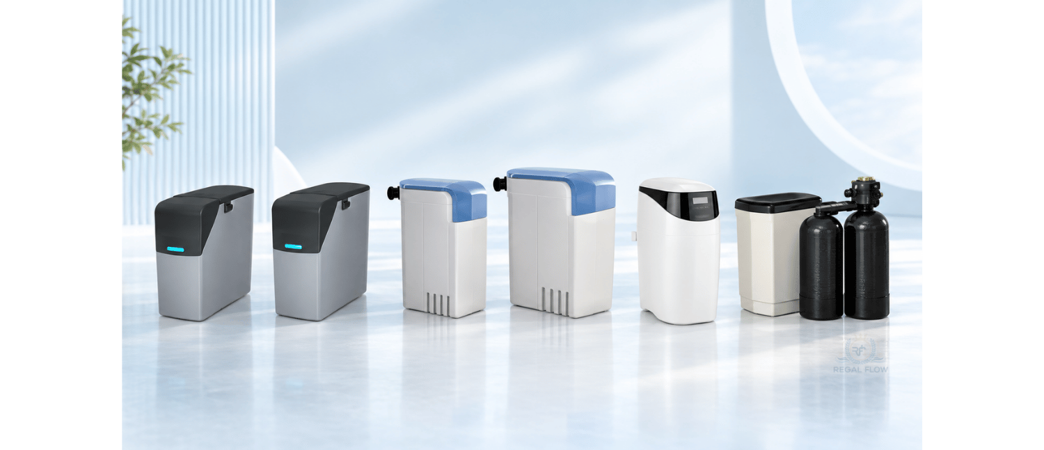 6 kinetico water softeners horiztonal across the page on a light blue background with a regal flow logo in the bottom right hand corner