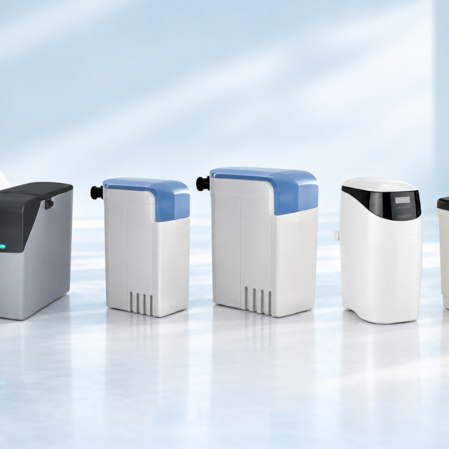 6 kinetico water softeners horiztonal across the page on a light blue background with a regal flow logo in the bottom right hand corner