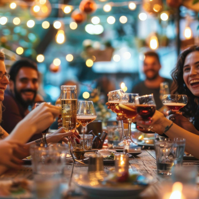People raising glasses around a table in a bar