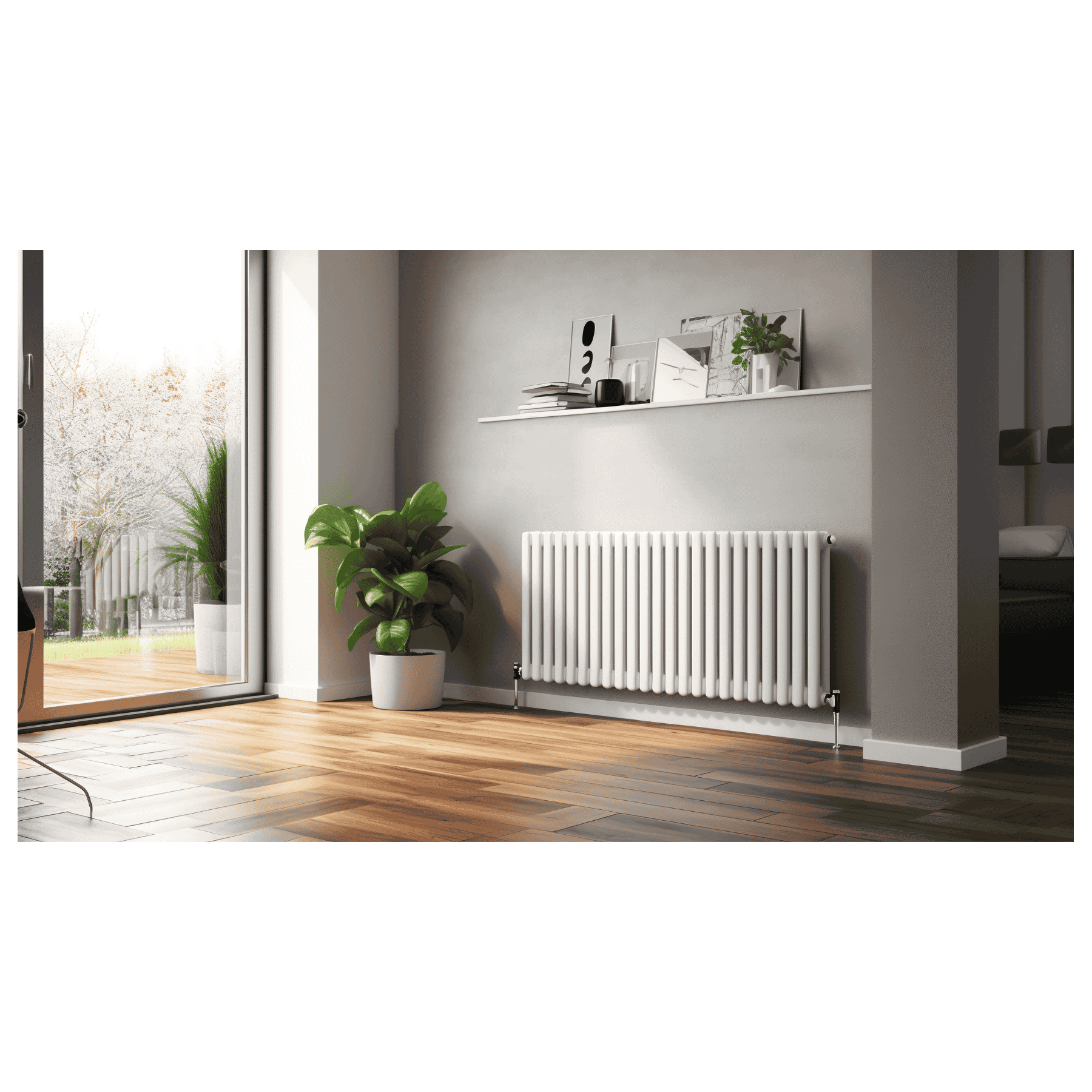 Radiator on a wall with wooden flooring