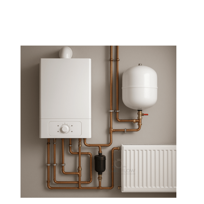 a central heating system with a radiator and regal flow logo