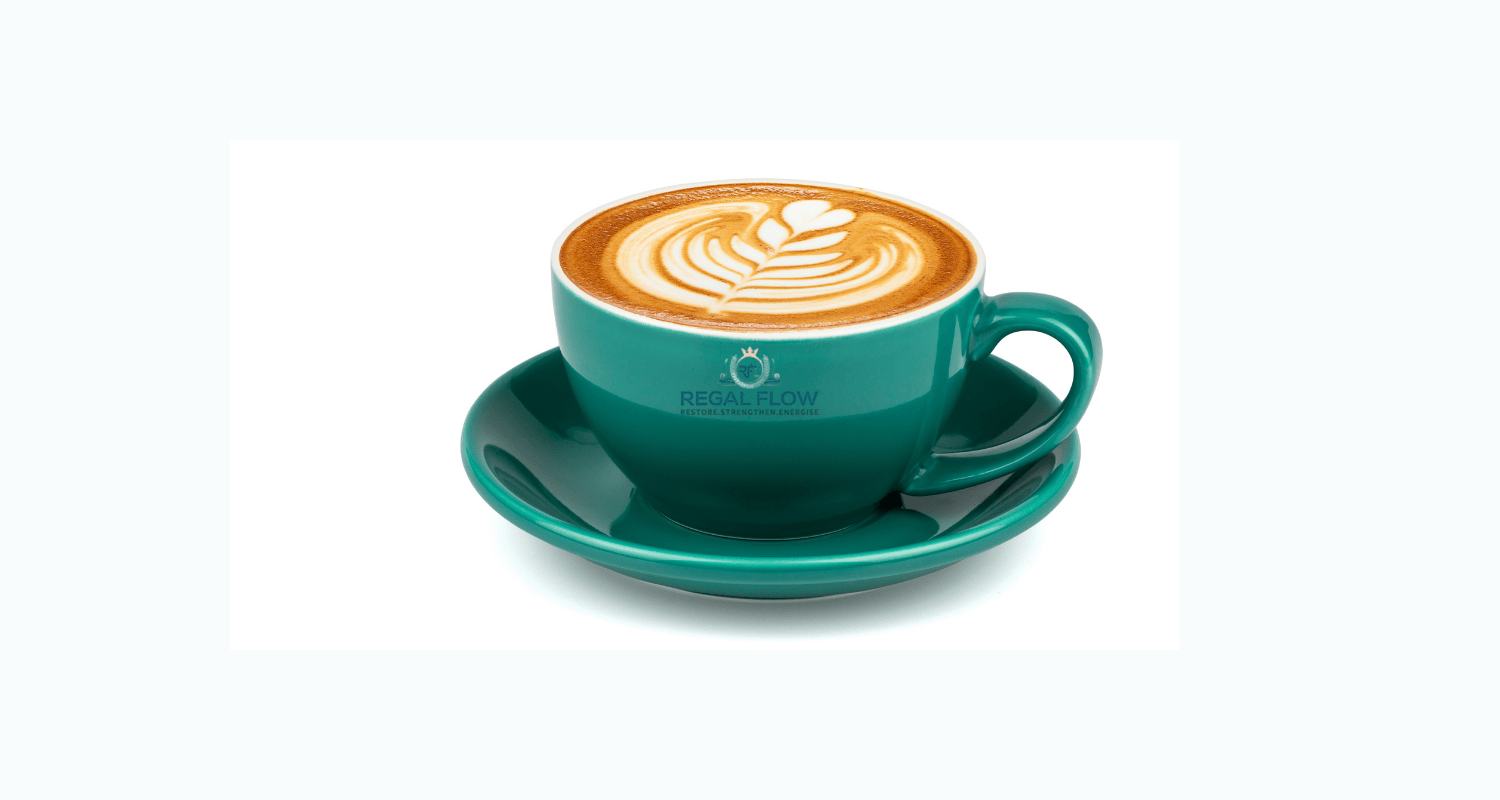 Cup of coffee in green cup with saucer