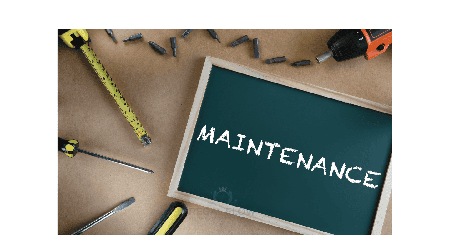 A maintenance sign with tools around and a regal flow logo