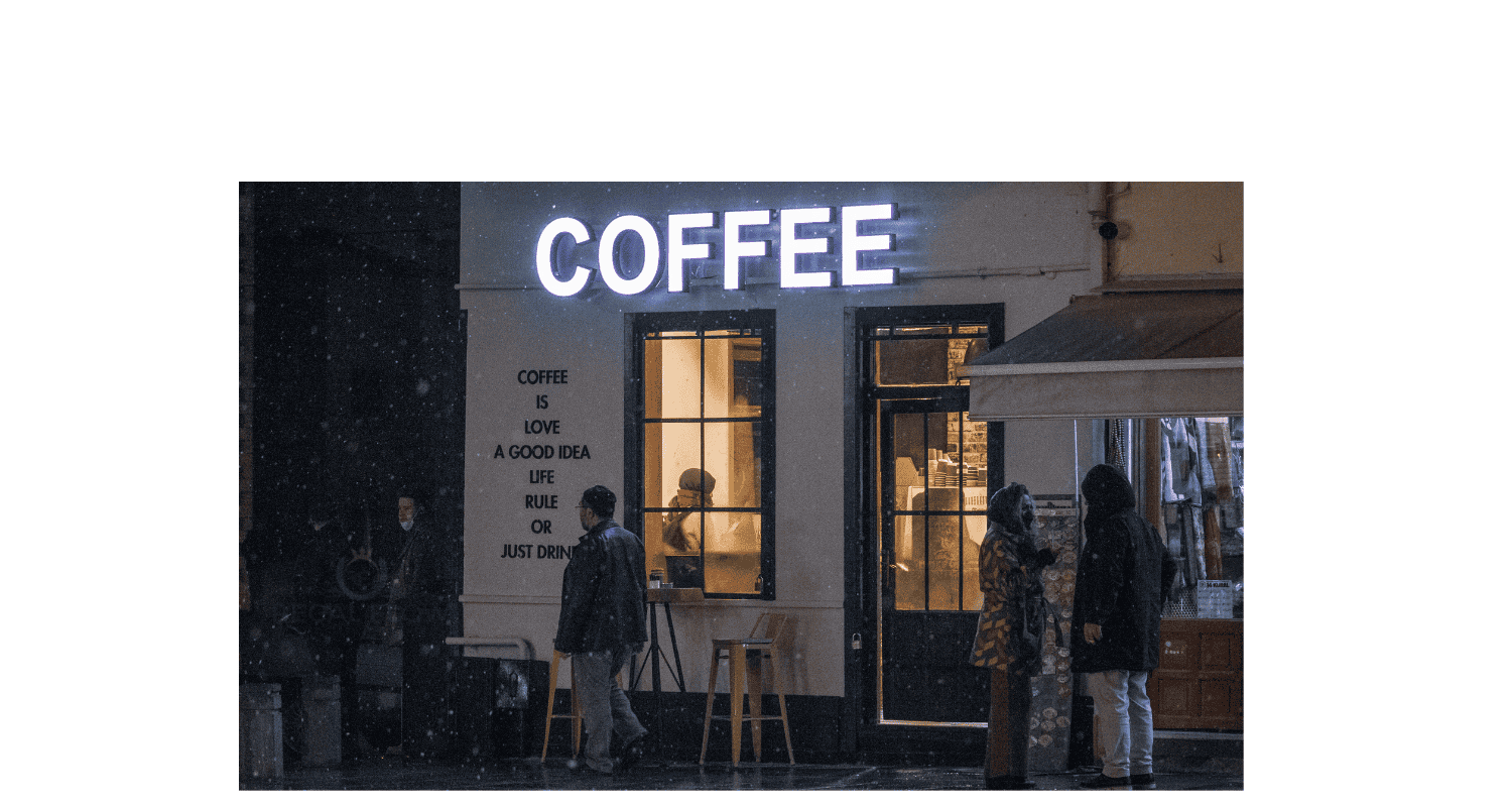 a coffee shop with people out side and regal flow logo