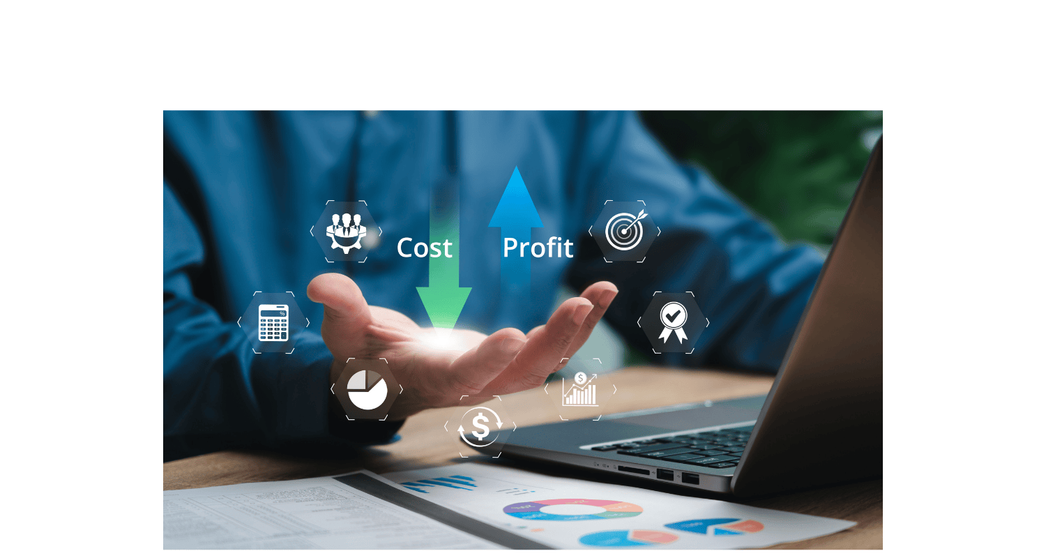 A graphic with a hand and cost and profit wording