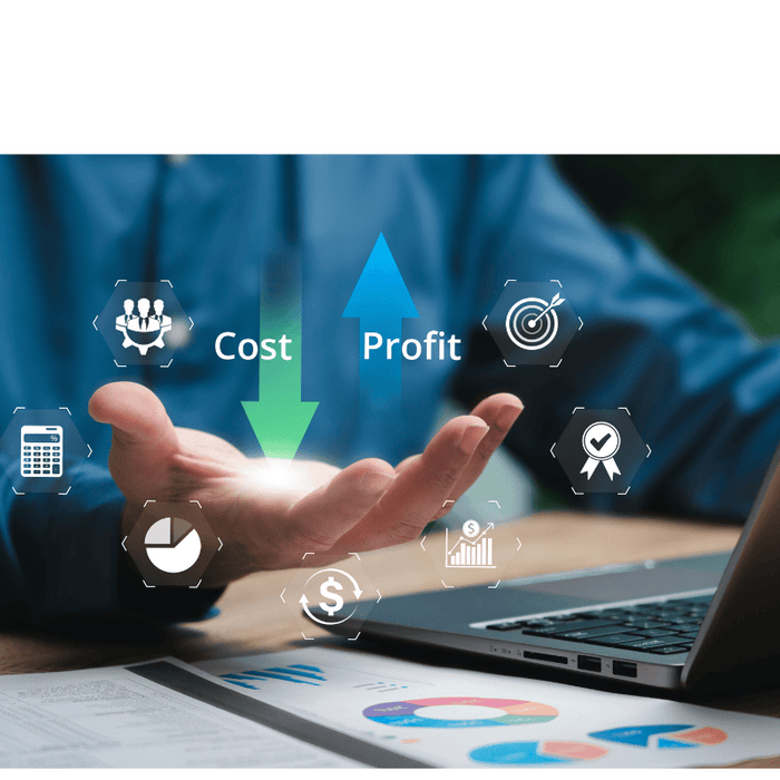 A graphic with a hand and cost and profit wording