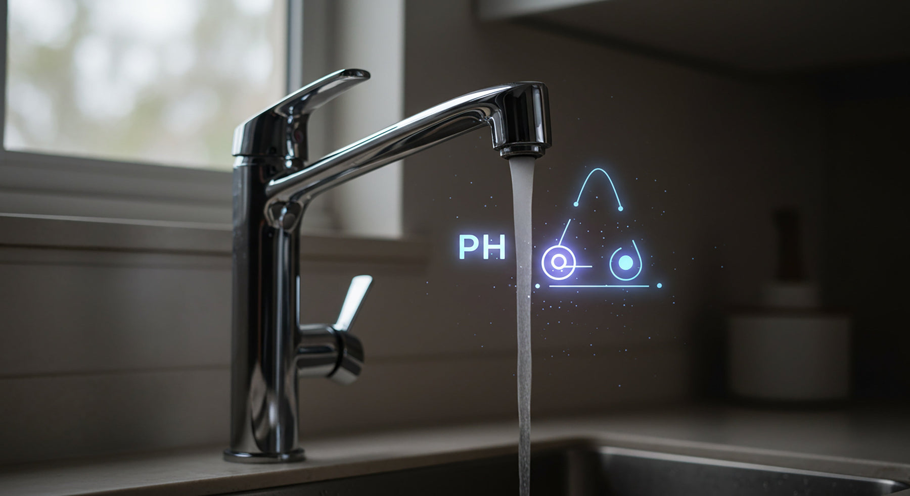 Reverse osmosis water coming for a kitchen tap with PH symbols in the background