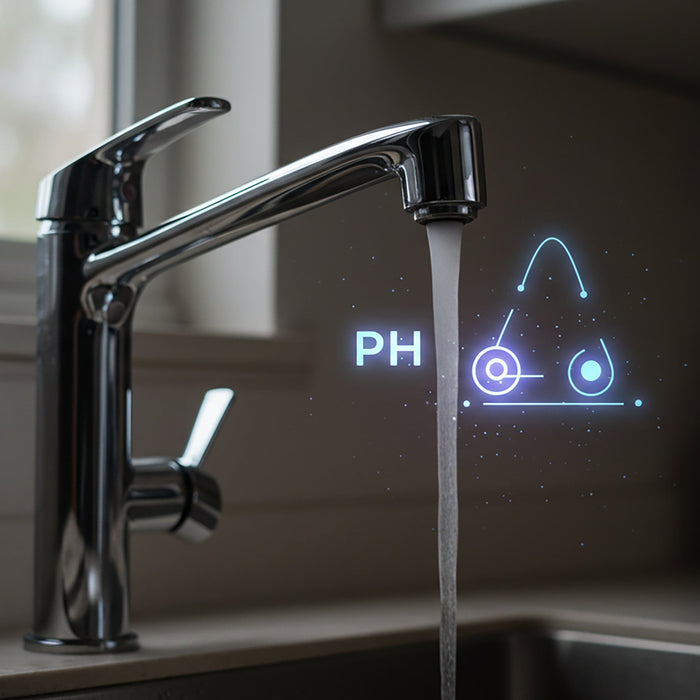 Reverse osmosis water coming for a kitchen tap with PH symbols in the background