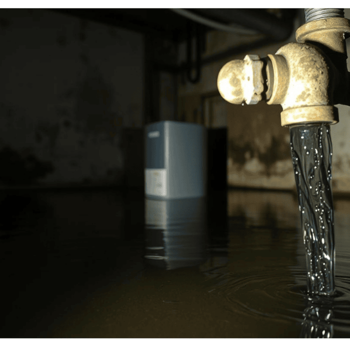 A pipe leaking with a water softener in the background