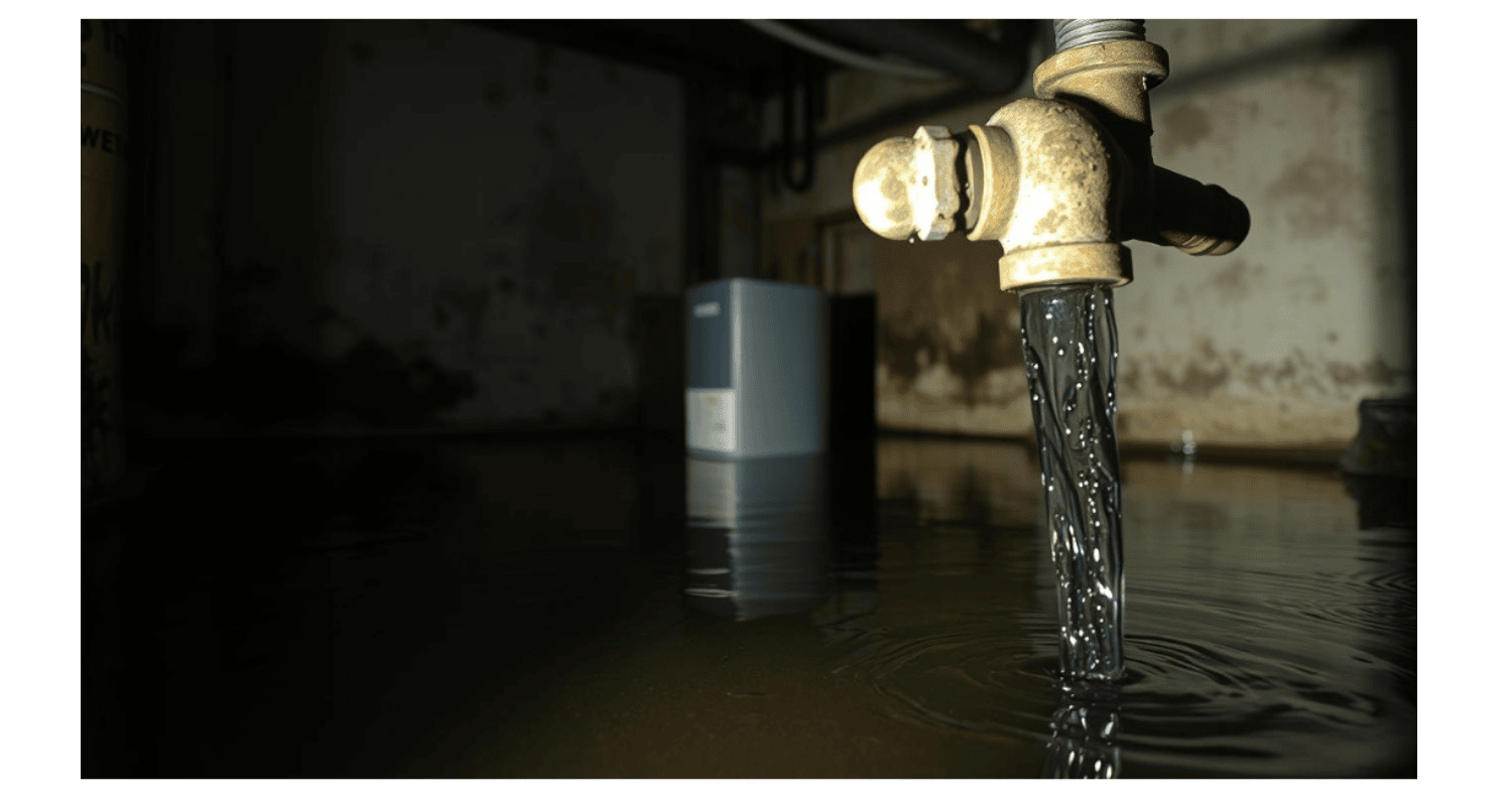 A pipe leaking with a water softener in the background