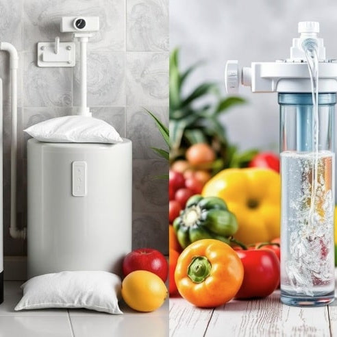 A water softener next to a water filter with fruit in the background