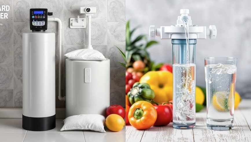A water softener next to a water filter with fruit in the background