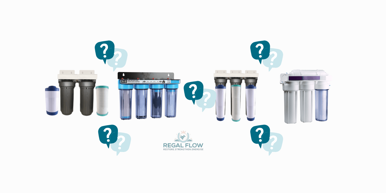 four whole house water fiters with question marks and regal flow logo