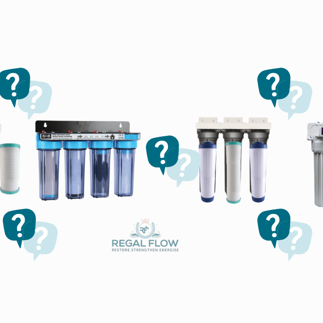 four whole house water fiters with question marks and regal flow logo