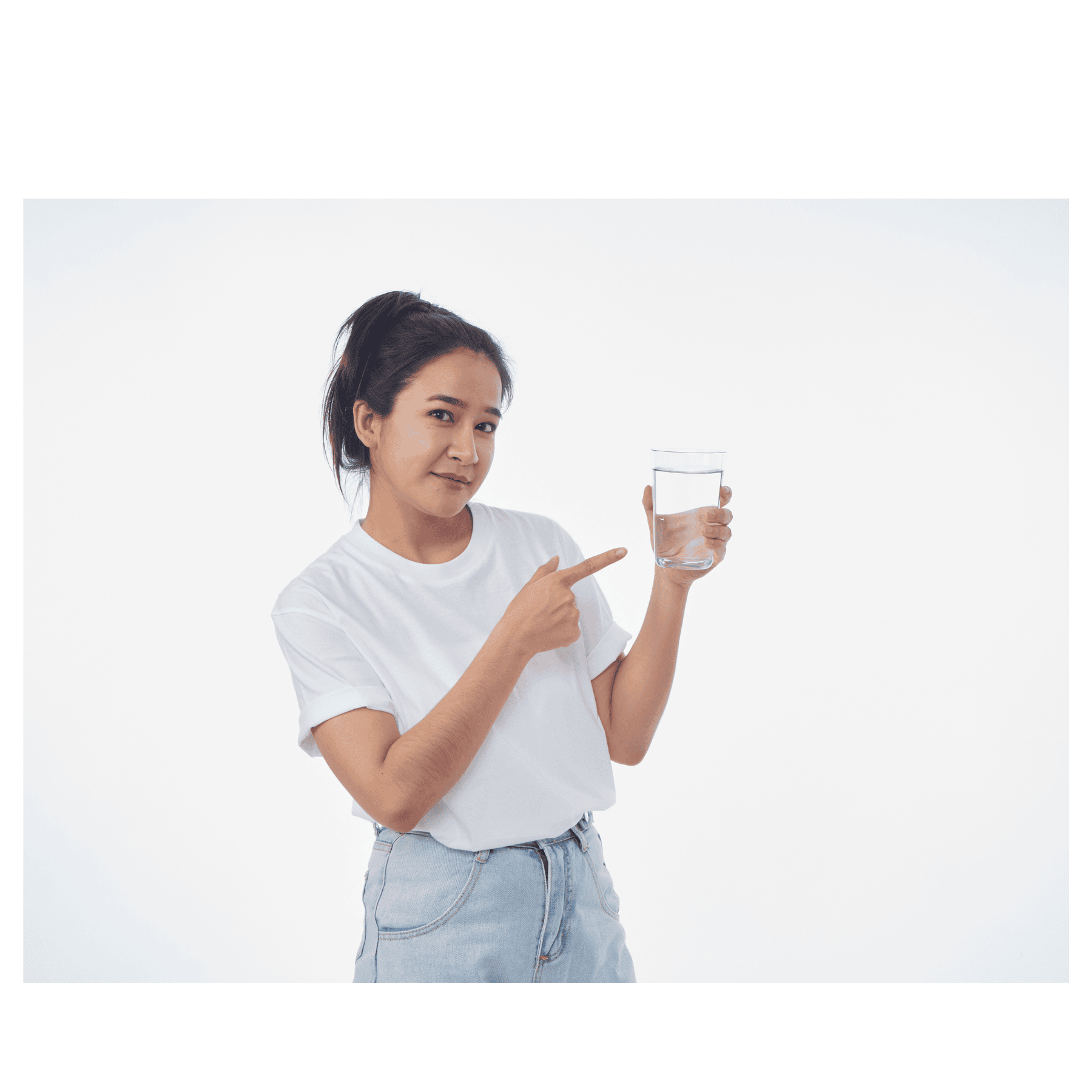 A woman pointing at a glass of water