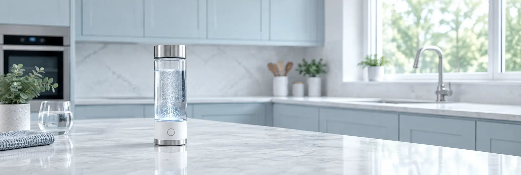 A tall glass hydrogen water bottle with a silver metal cap and base, filled with hydrogenated water, sits on a light marble kitchen counter with a blurred blue kitchen in the background.