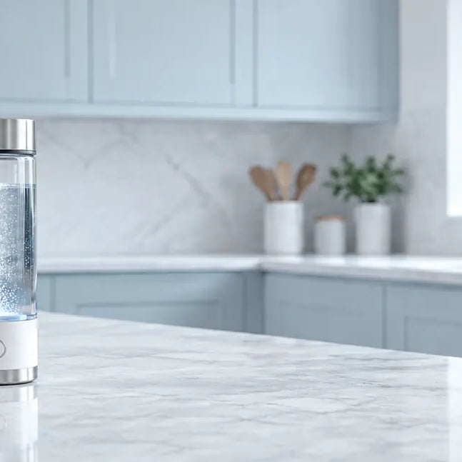 A tall glass hydrogen water bottle with a silver metal cap and base, filled with hydrogenated water, sits on a light marble kitchen counter with a blurred blue kitchen in the background.