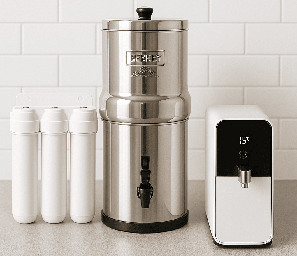 Water filter pitcher, faucet-mounted filter, under-sink reverse osmosis system, and compact water purifier on a modern kitchen counter.