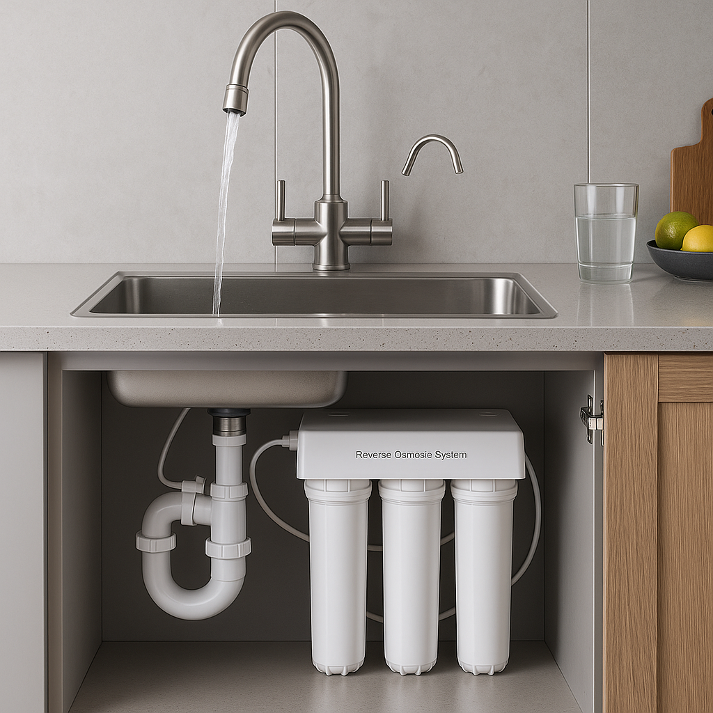 Modern under-sink reverse osmosis system with stainless steel faucet and glass of water on countertop.