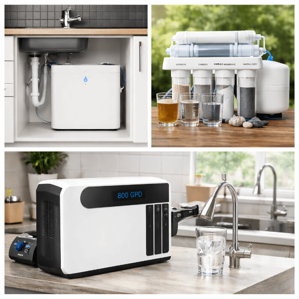 800 GPD tankless reverse osmosis system with integrated booster pump for home use