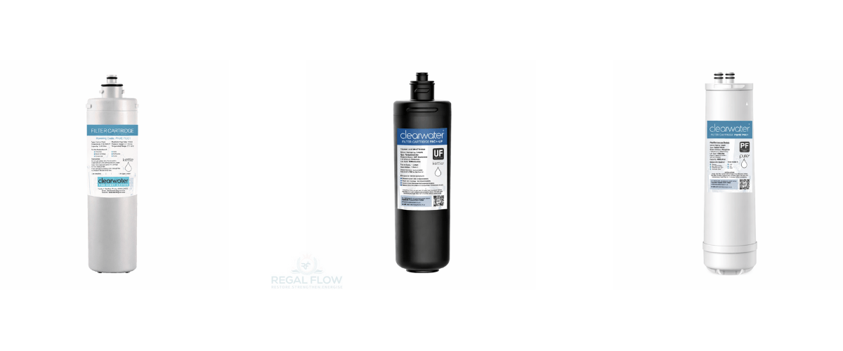 Three filter replacements from clearwater on a white background